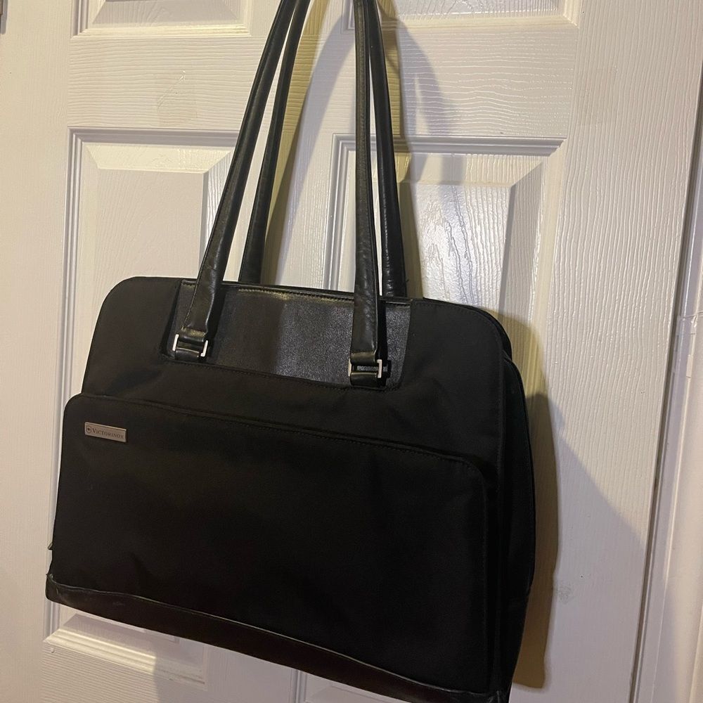 Victorinox Swiss Black Canvas &leather laptop Bag Briefcase silver tone hardware
